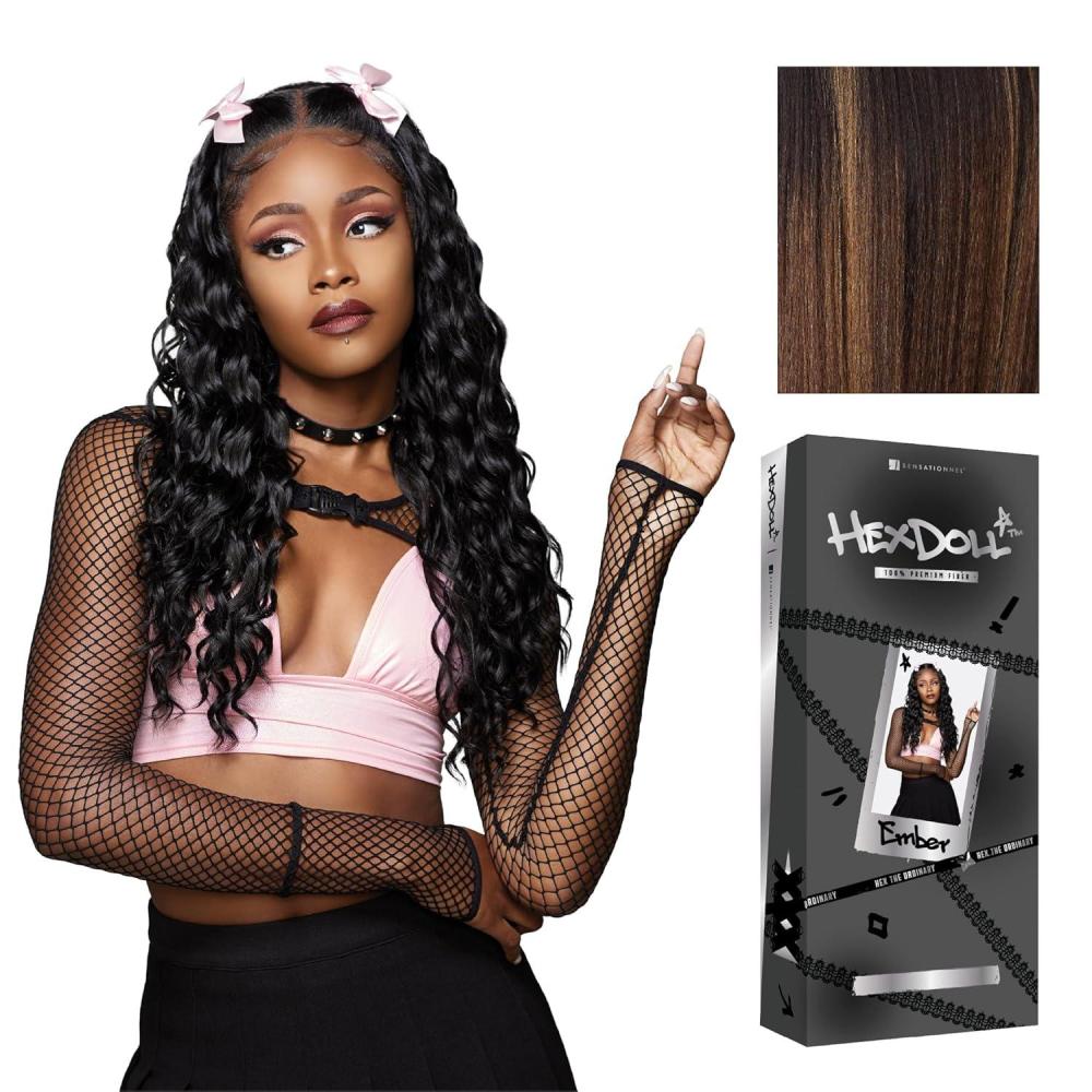 imageSensationnel HexDoll 13X4 Lace Wig Ember Lacefrontal Glueless Synthetic with Natural Density Preplucked Hairline 1 JETBLACKBALAYAGEHAZELNUT