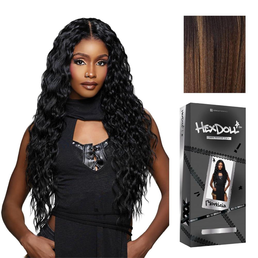 imageSensationnel HexDoll 13X4 Lace Wig  Morticia Lacefrontal Glueless Synthetic with Natural Density Preplucked Hairline 1 JETBLACKBALAYAGEHAZELNUT