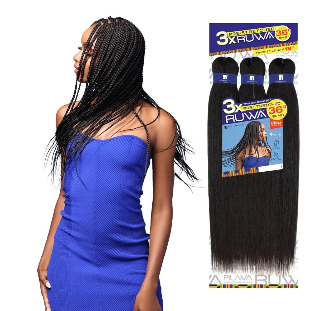 imageSensationnel Ruwa prestretched braiding hair 3x 36 inch water repellent kanekalon fast dry synthetic sports itch free 1 pack 1 JETBLACK1 JETBLACK