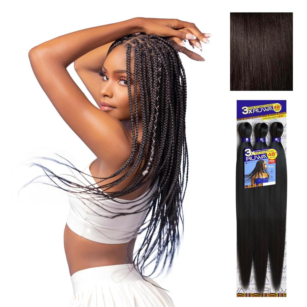 imageSensationnel Ruwa prestretched braiding hair 3x 48 inch water repellent kanekalon fast dry synthetic sports itch free 3 pack 1 JETBLACK2 DARKBROWN