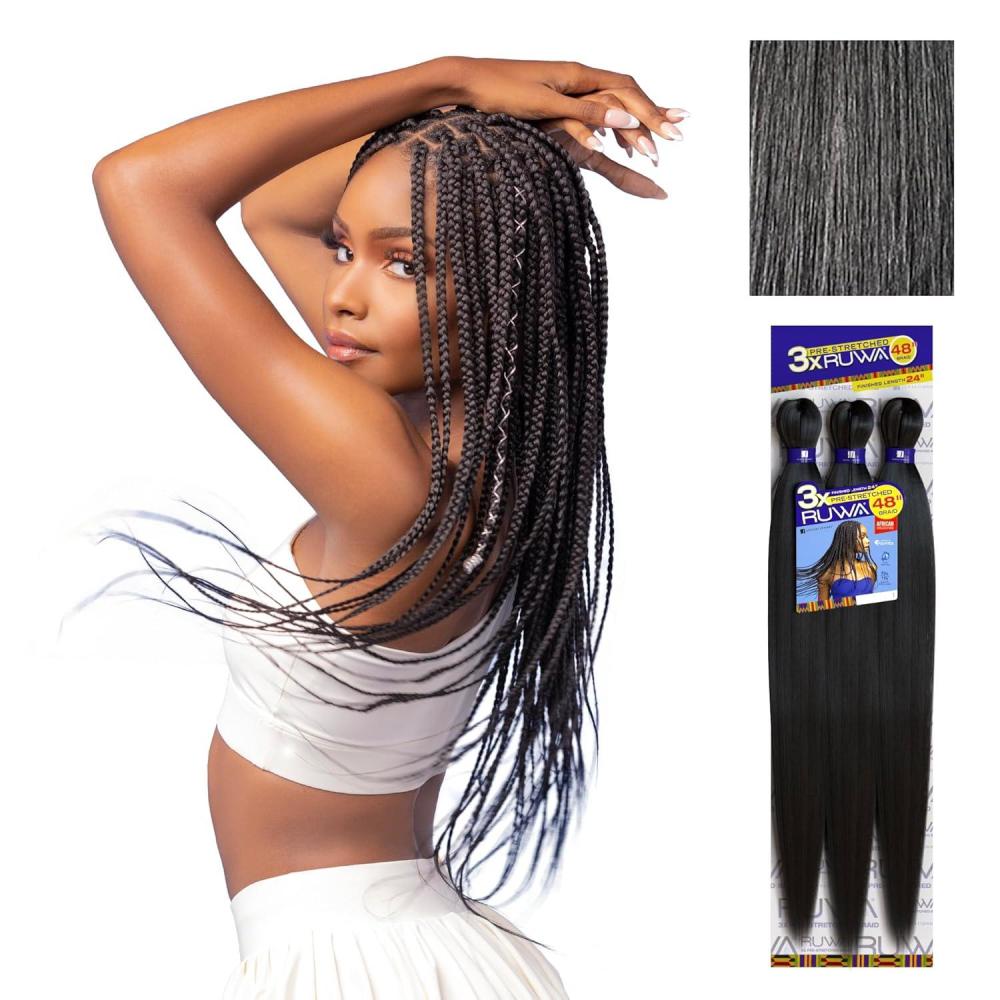 imageSensationnel Ruwa prestretched braiding hair 3x 48 inch water repellent kanekalon fast dry synthetic sports itch free 3 pack 1 JETBLACKM44