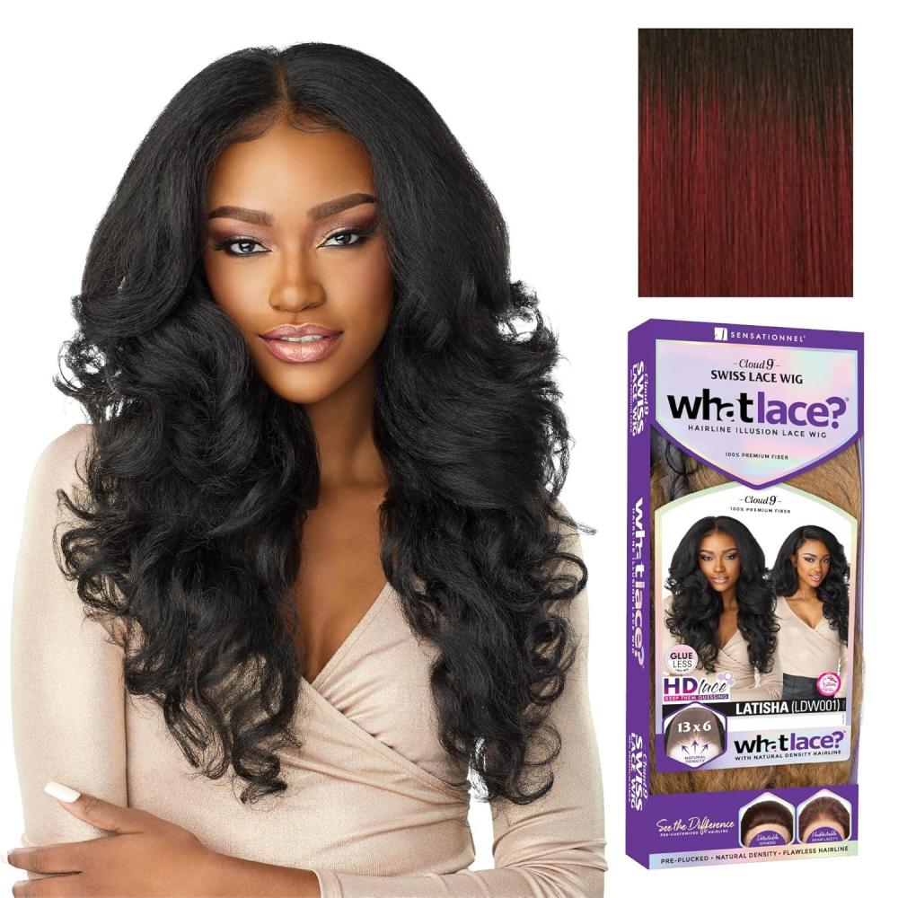 imageSensationnel What Lace 13X6 Wigs Latisha Lacefrontal Hand Tied Glueless Synthetic With Natural Density Preplucked Hairline Off Black 1BTipped Off Black and Burgundy T1BBG