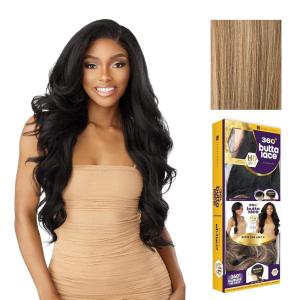 Sensationnel Butta 360 Lace Wigs – Unit 8 Side Wider Parting 360 Degree Lace Glueless Synthetic Preplucked Hairline (1 JETBLACK)(FLAMBOYAGESAND)