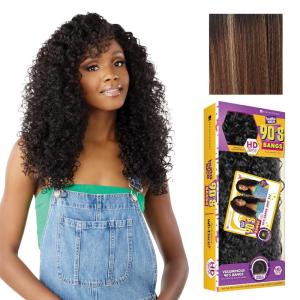 Sensationnel Butta Lace 90Sbangs Wigs – Unit 913 Glueless Wide Deep Part Synthetic Preplucked Hairline (1 JETBLACK)(BALAYAGECARAMEL)