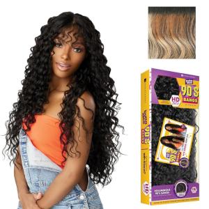 Sensationnel Butta Lace 90Sbangs Wigs – Unit 916 Glueless Wide Deep Center Part Synthetic Preplucked Hairline (1 JETBLACK)(BALAYAGESUNKISSED)