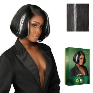 Sensationnel Chicbob Lace Frontwig – Bob Unit 8 Face Framing Glueless Wig Wide 5 Inch Deep Part Synthetic Preplucked Hairline (1 JETBLACK)(BALAYAGEPLATINUM)