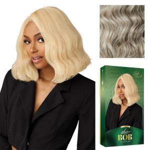 Sensationnel Chicbob Lace Frontwig – Lob Unit 4 Face Framing Glueless Wig Wide 5 Inch Deep Part Synthetic Preplucked Hairline (1 JETBLACK)(DUSTYBLONDE)
