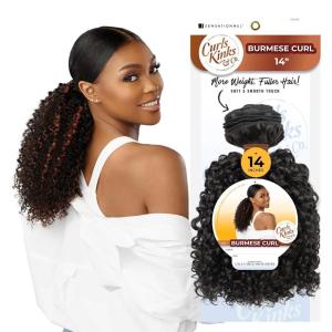 Sensationnel Curls kinksandco synthetic bundles – burmese curl quick weave hair or pony styles for natural 3c to 4c hair textures – 1 pack (14 inch, 1 JETBLACK)(2 DARKBROWN)