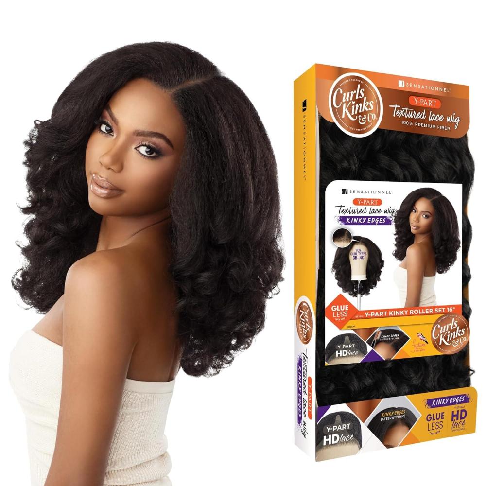 imageSensationnel Curls Kinksandco Kinkyedges Wig  Kinky Roller Set 16 Inch Y Part Lace Natural Kinkytexture Edged Hairline for Natural 3C to 4C Hair Textures BALAYAGEGOLD1 JETBLACK