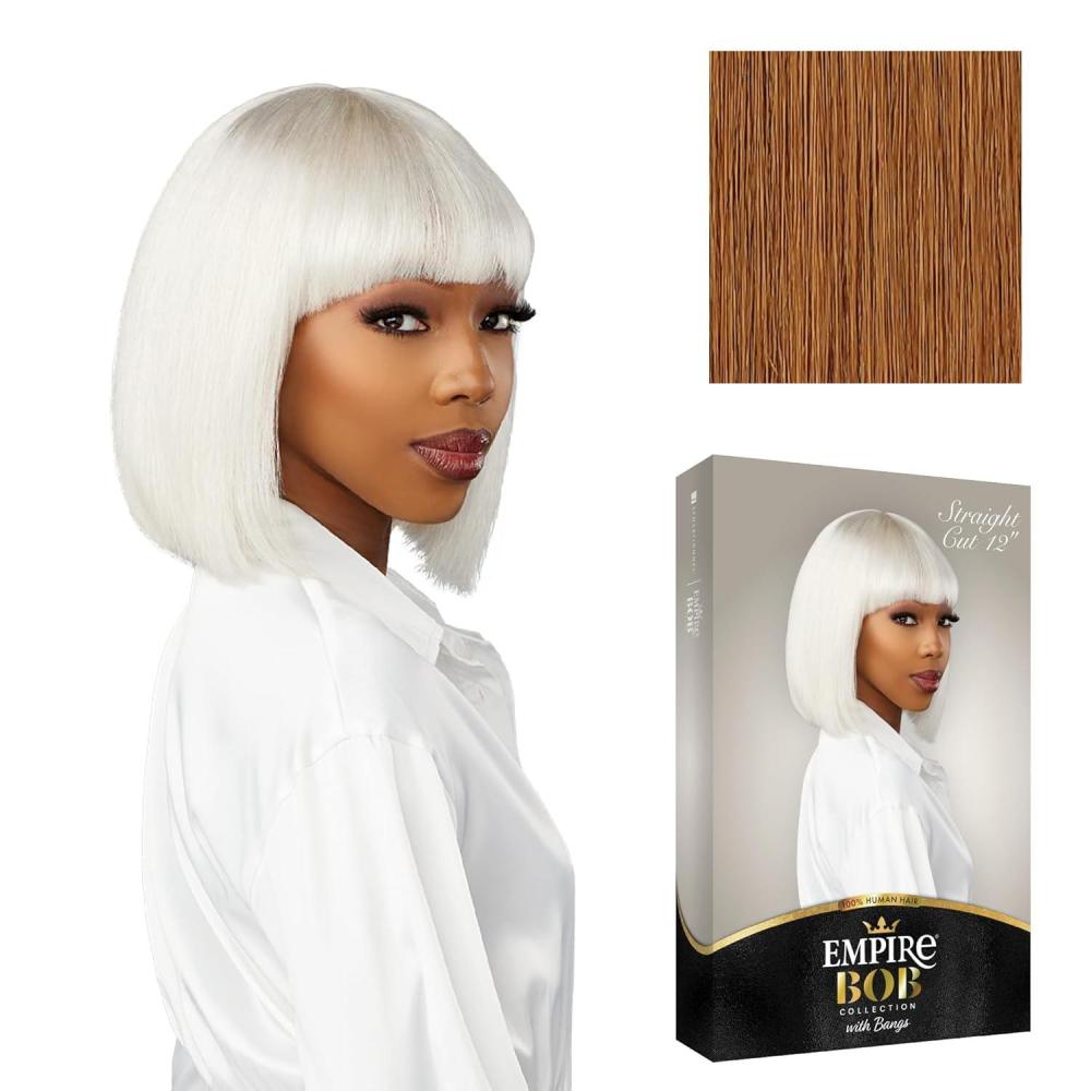 imageSensationnel Empire Bob Humanhair Wig Straight Cut Face Framing Mesh Cap for Comfort With Bangs 10 inch 1 JETBLACKGOLDENBLONDE