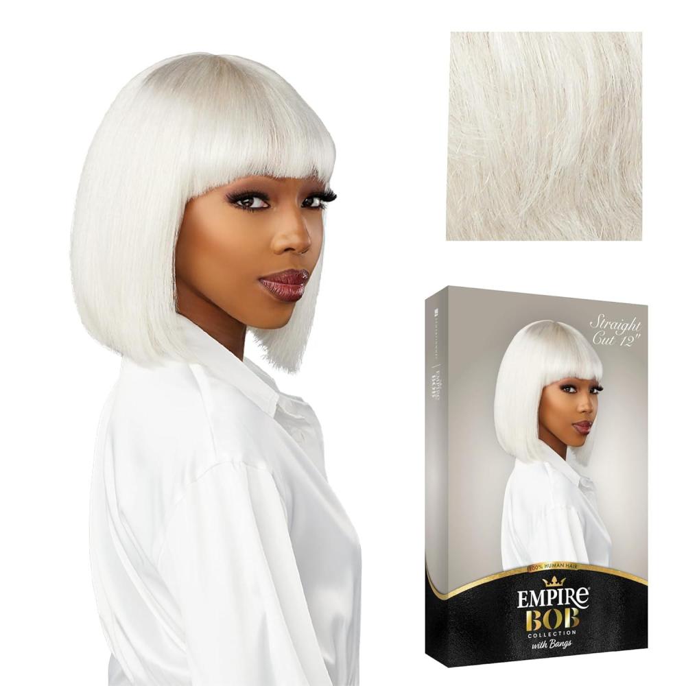 imageSensationnel Empire Bob Humanhair Wig Straight Cut Face Framing Mesh Cap for Comfort With Bangs 10 inch 1 JETBLACKICYBLONDE