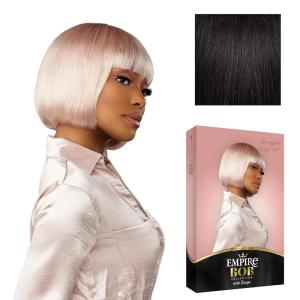 Sensationnel Empire Bob Humanhair Wig – Straight Cut Face Framing Mesh Cap for Comfort With Bangs (10 inch, 1 JETBLACK)(1B OFFBLACK)