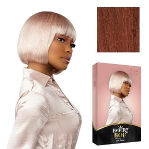 Sensationnel Empire Bob Humanhair Wig – Straight Cut Face Framing Mesh Cap for Comfort With Bangs (10 inch, 1 JETBLACK)(COPPERCHARM)