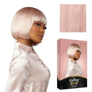 Sensationnel Empire Bob Humanhair Wig – Straight Cut Face Framing Mesh Cap for Comfort With Bangs (10 inch, 1 JETBLACK)(SMOKYLAVENDER)