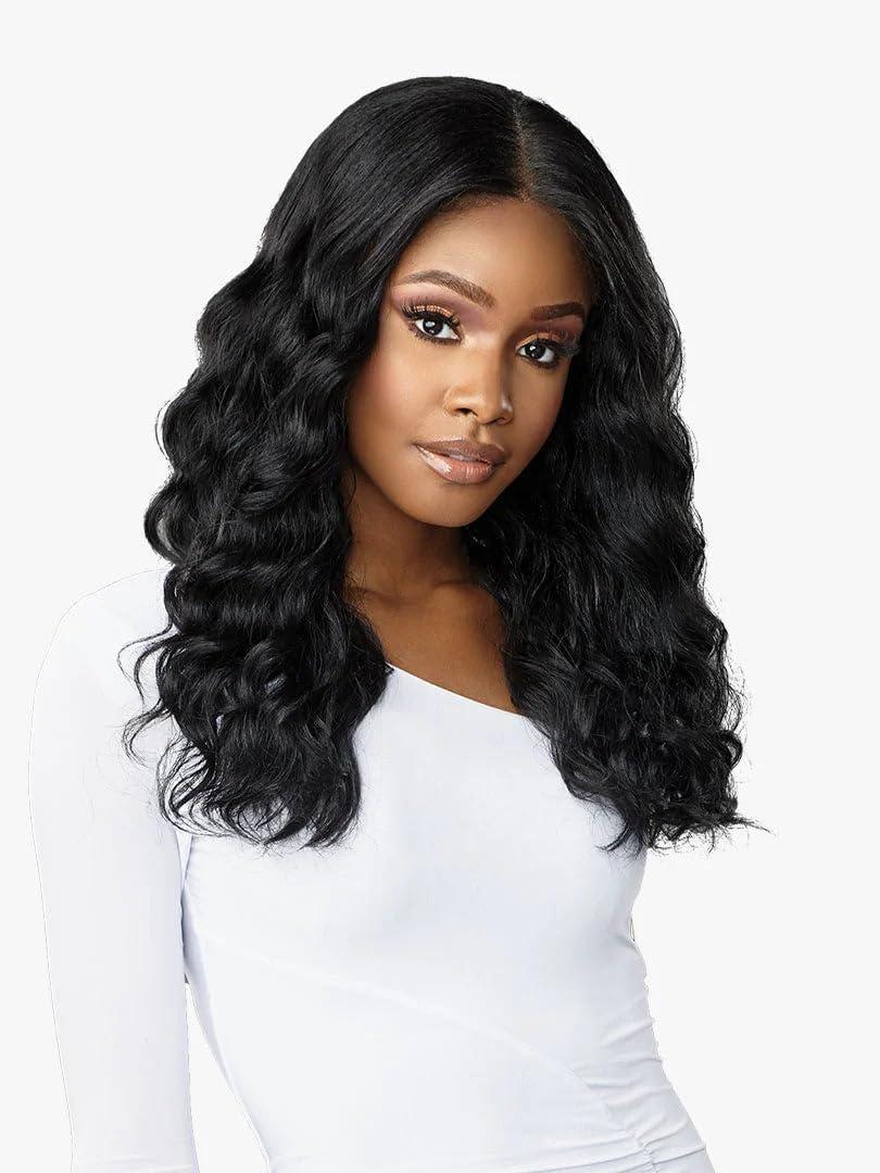 imageSensationnel Butta Lace Hhm Wigs Deep Wave 20 Inch Human Hair Blend Extra Wide 5 Inch Parting Preplucked Hairline Glueless Lacefront BALAYAGECARAMELMPWINE