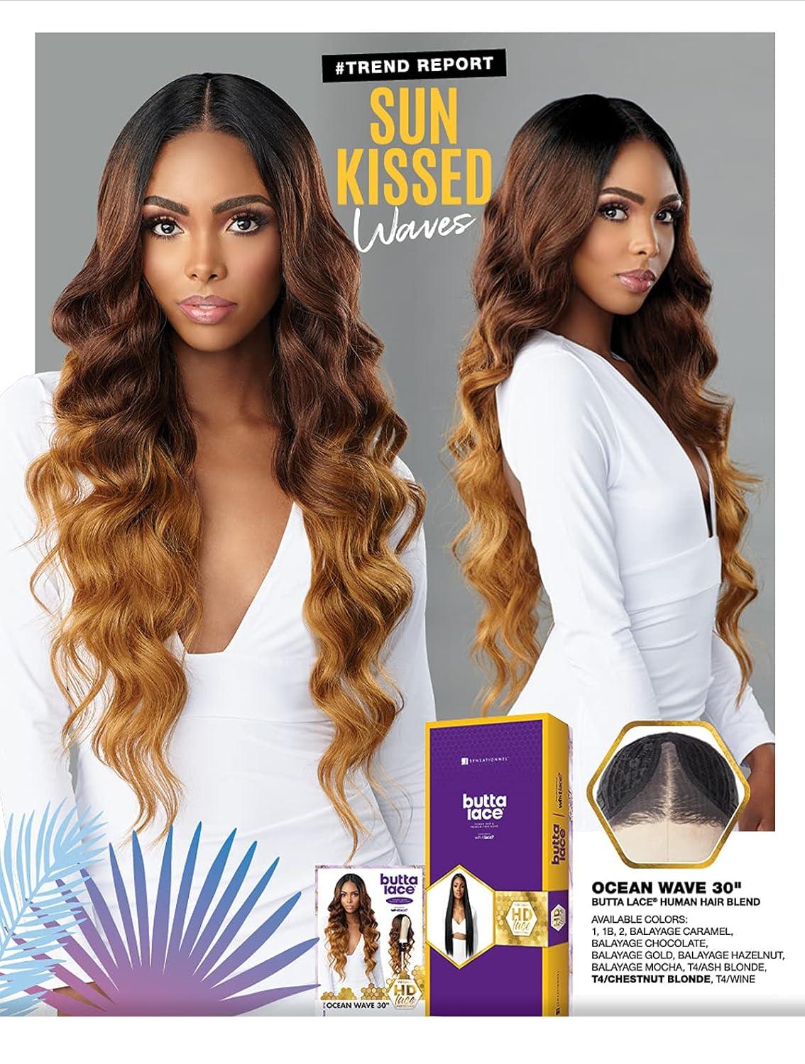 imageSensationnel Butta Lace Hhm Wigs Ocean Wave 30 Inch Human Hair Blend Extra Wide 5 Inch Parting Preplucked Hairline Glueless Lacefront BALAYAGECARAMELT4WINE