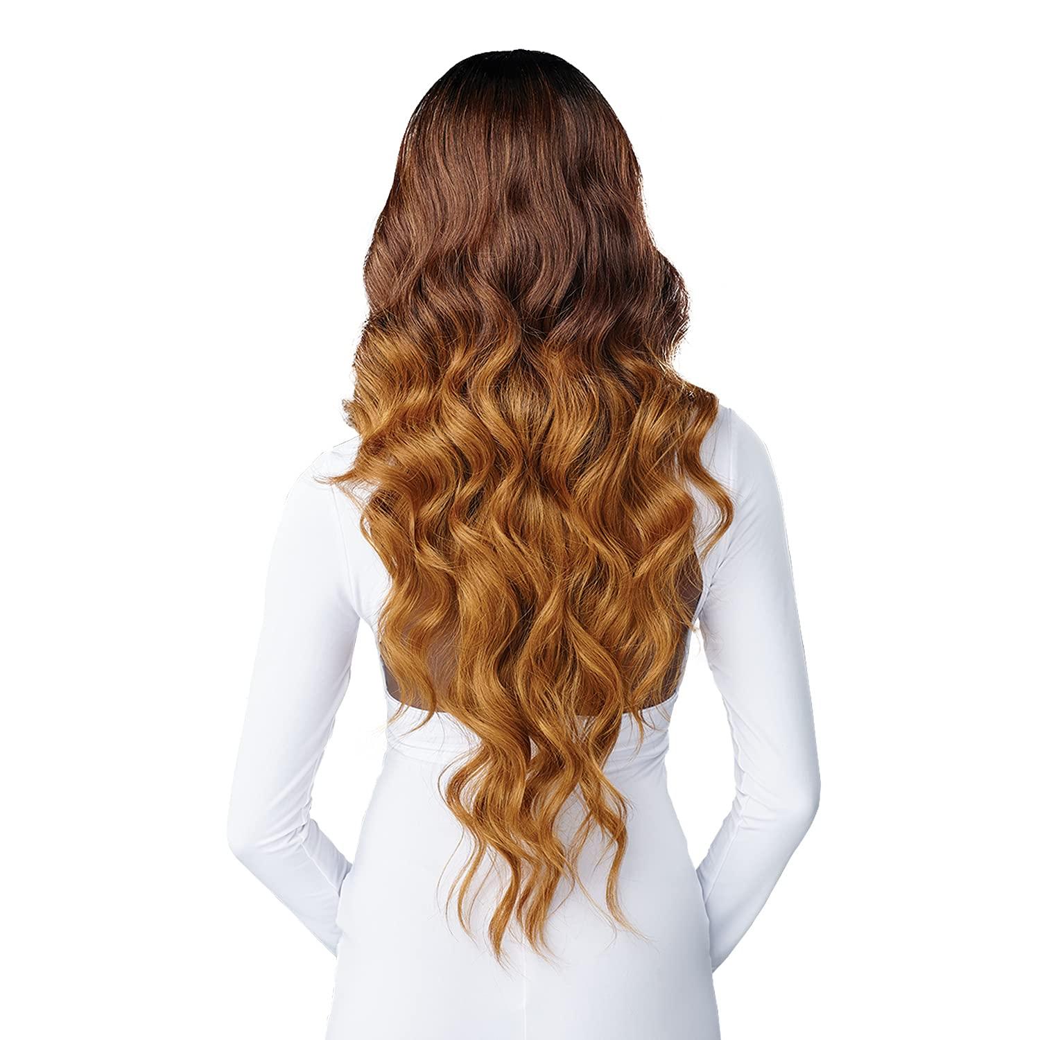 imageSensationnel Butta Lace Hhm Wigs Ocean Wave 30 Inch Human Hair Blend Extra Wide 5 Inch Parting Preplucked Hairline Glueless Lacefront BALAYAGECARAMELT4WINE