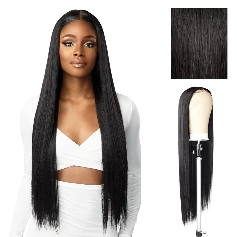 imageSensationnel Butta Lace Hhm Wigs Straight 32 Inch Human Hair Blend Extra Wide 5 Inch Parting Preplucked Hairline Glueless Lacefront 1 JETBLACK1B OFFBLACK