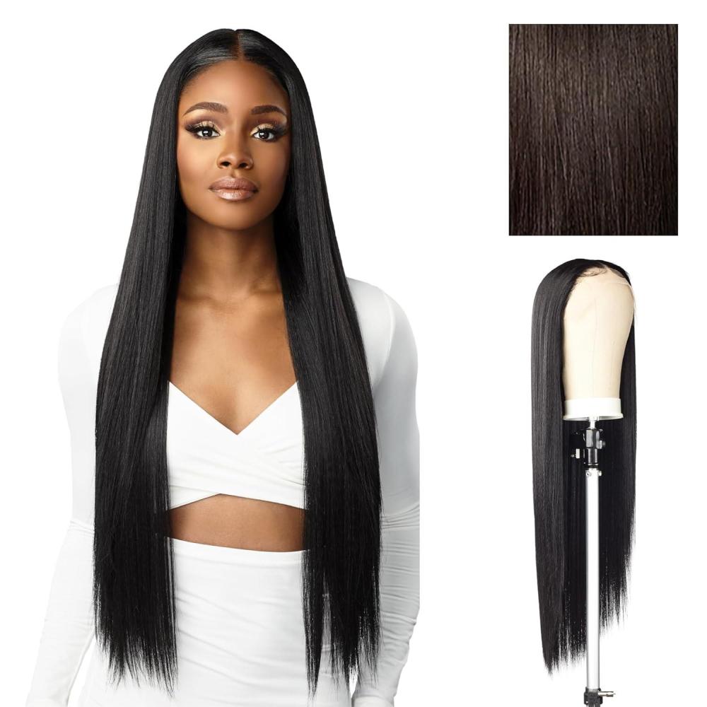 imageSensationnel Butta Lace Hhm Wigs Straight 32 Inch Human Hair Blend Extra Wide 5 Inch Parting Preplucked Hairline Glueless Lacefront 1 JETBLACK2 DARKBROWN
