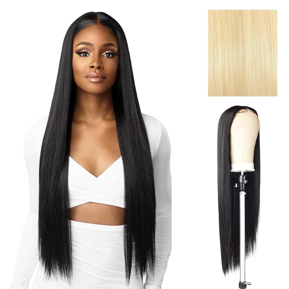 imageSensationnel Butta Lace Hhm Wigs Straight 32 Inch Human Hair Blend Extra Wide 5 Inch Parting Preplucked Hairline Glueless Lacefront 1 JETBLACK613 BLONDE