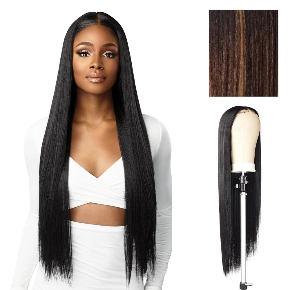 imageSensationnel Butta Lace Hhm Wigs Straight 32 Inch Human Hair Blend Extra Wide 5 Inch Parting Preplucked Hairline Glueless Lacefront 1 JETBLACKBALAYAGECHOCOLATE
