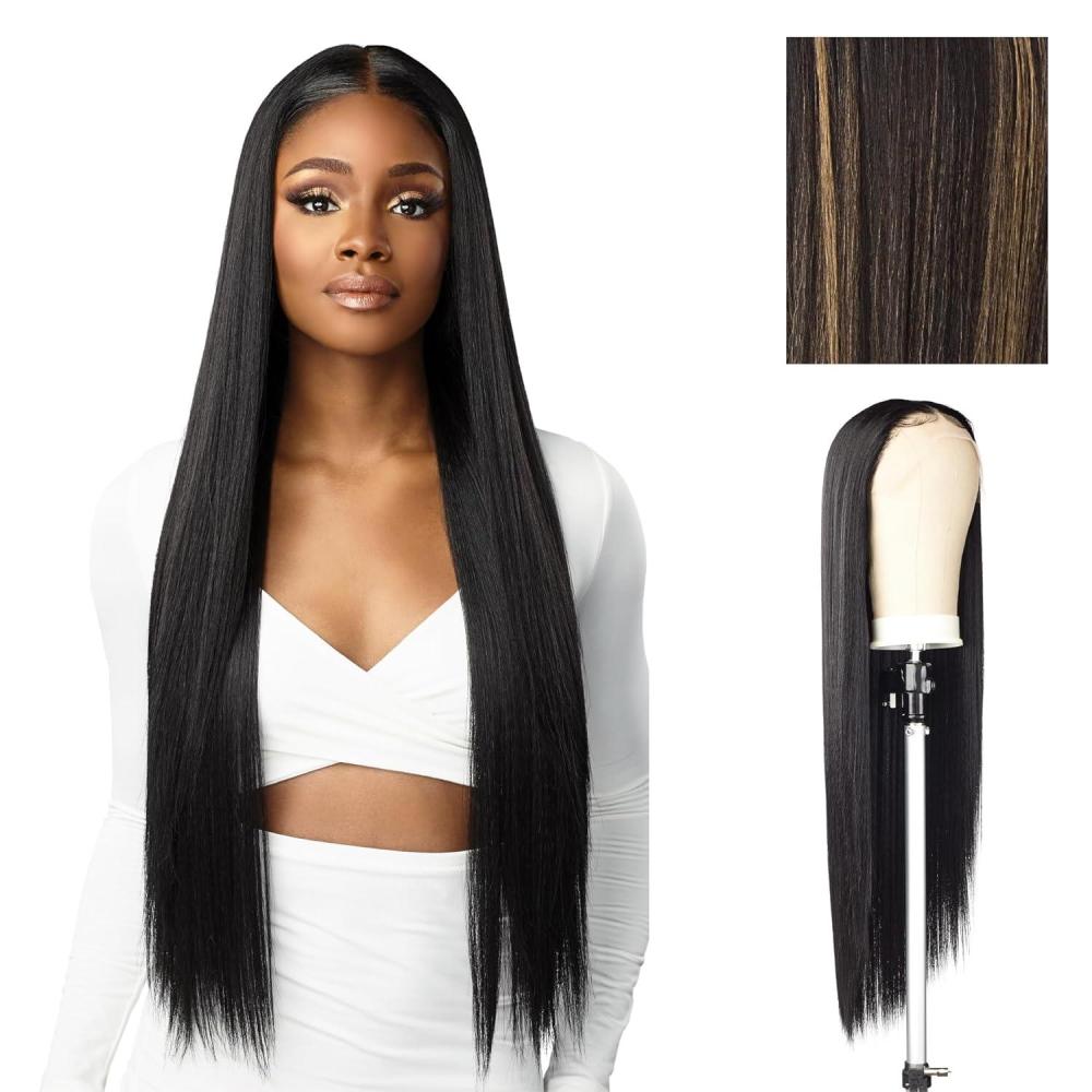 imageSensationnel Butta Lace Hhm Wigs Straight 32 Inch Human Hair Blend Extra Wide 5 Inch Parting Preplucked Hairline Glueless Lacefront 1 JETBLACKBALAYAGEGOLD