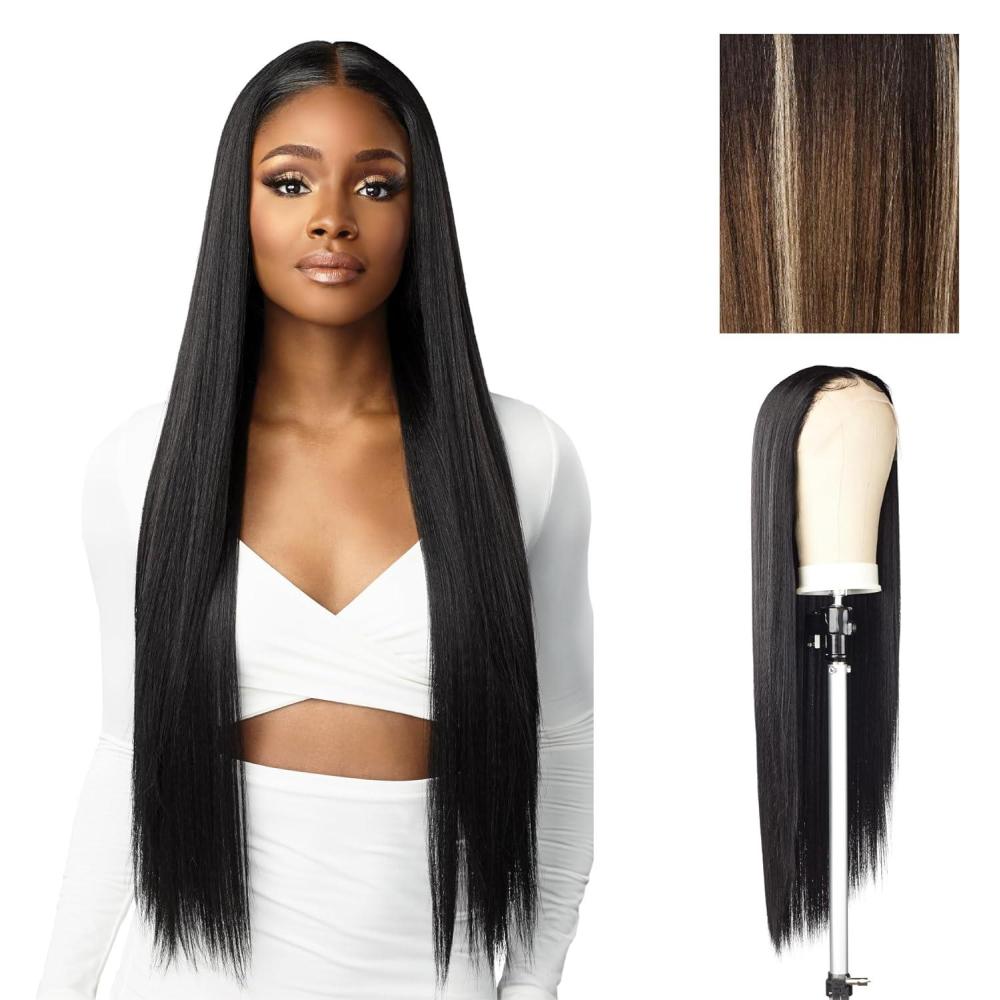 imageSensationnel Butta Lace Hhm Wigs  Straight 32 Inch Human Hair Blend Extra Wide 5 Inch Parting Preplucked Hairline Glueless Lacefront 1 JETBLACKBALAYAGEMOCHA