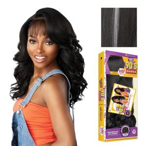 Sensationnel Butta Lace 90Sbangs Wigs – Unit 910 Glueless Wide Deep Part Synthetic Preplucked Hairline (1 JETBLACK)(BALAYAGEPLATINUM)