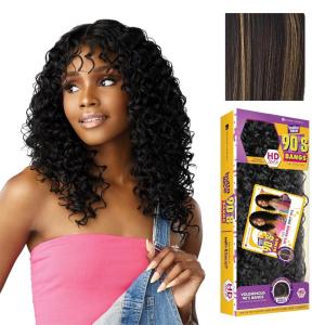 Sensationnel Butta Lace 90Sbangs Wigs – Unit 915 Glueless Wide Deep Part Synthetic Preplucked Hairline (1 JETBLACK)(BALAYAGEGOLD)