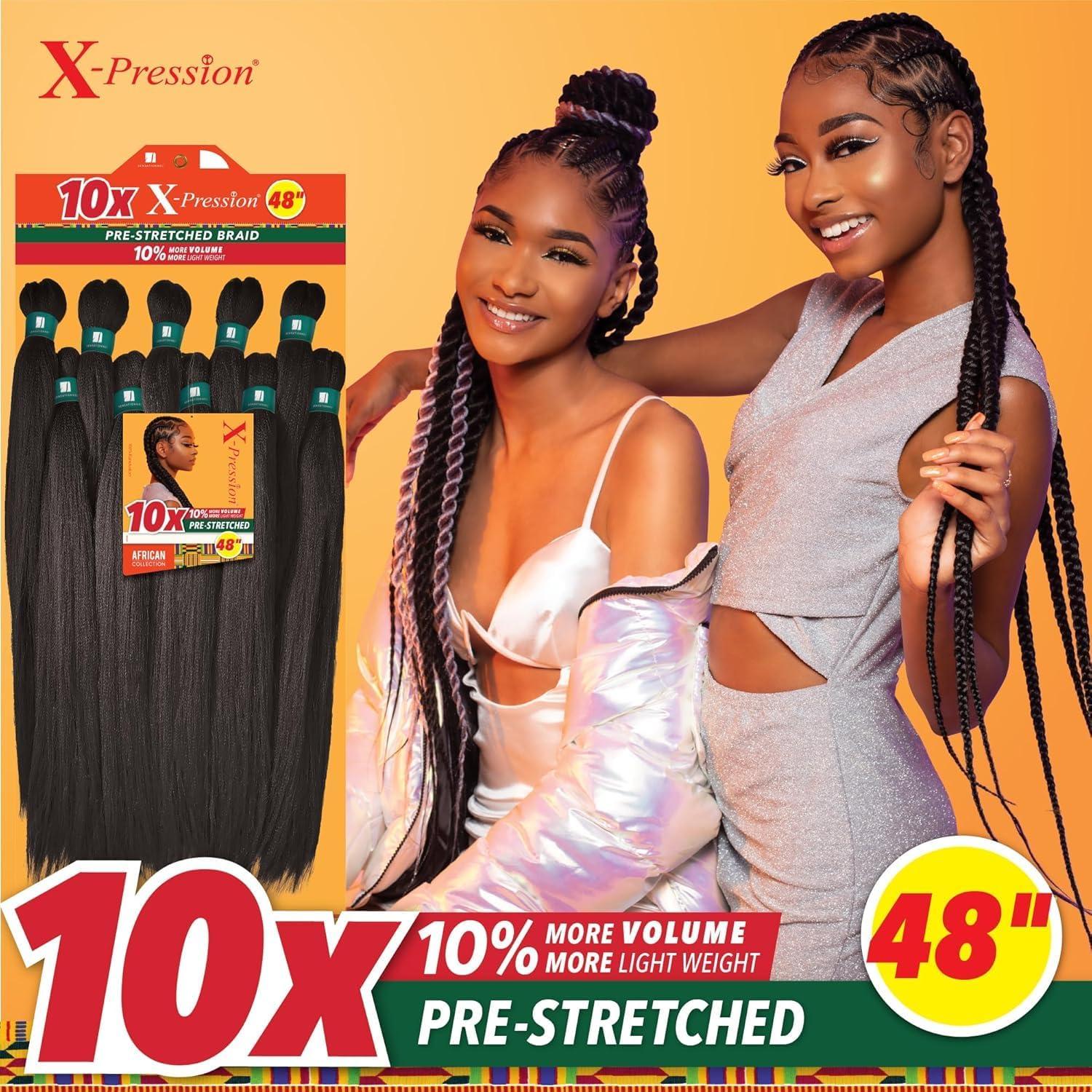 imageSensationnel Xpression prestretched braiding hair 10x braid 48 inch all kanekalon flame retardant synthetic braid for box braids and twists 1B OFFBLACK350 COPPERRED