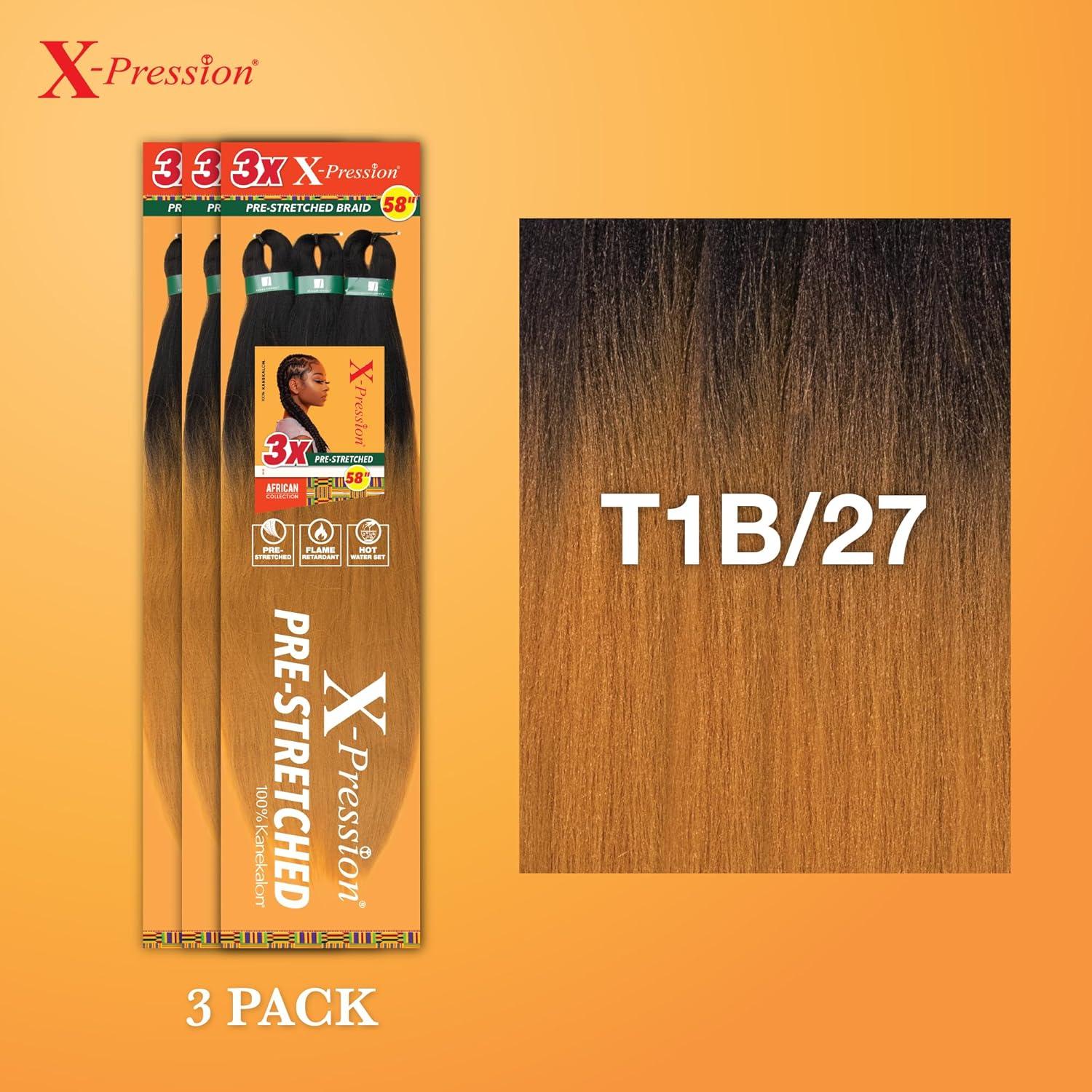 imageSensationnel Xpression prestretched braiding hair 3x braid 58 inch all kanekalon flame retardant synthetic braid for box braids and twists 1 pack 1 JETBLACKT1B27