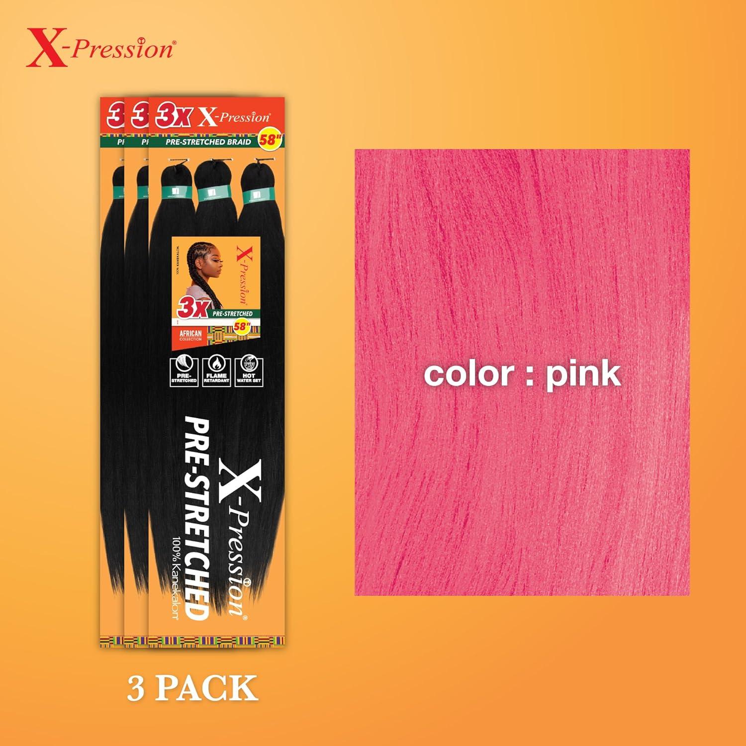 imageSensationnel Xpression prestretched braiding hair 3x braid 58 inch all kanekalon flame retardant synthetic braid for box braids and twists 1 pack 1 JETBLACKPINK