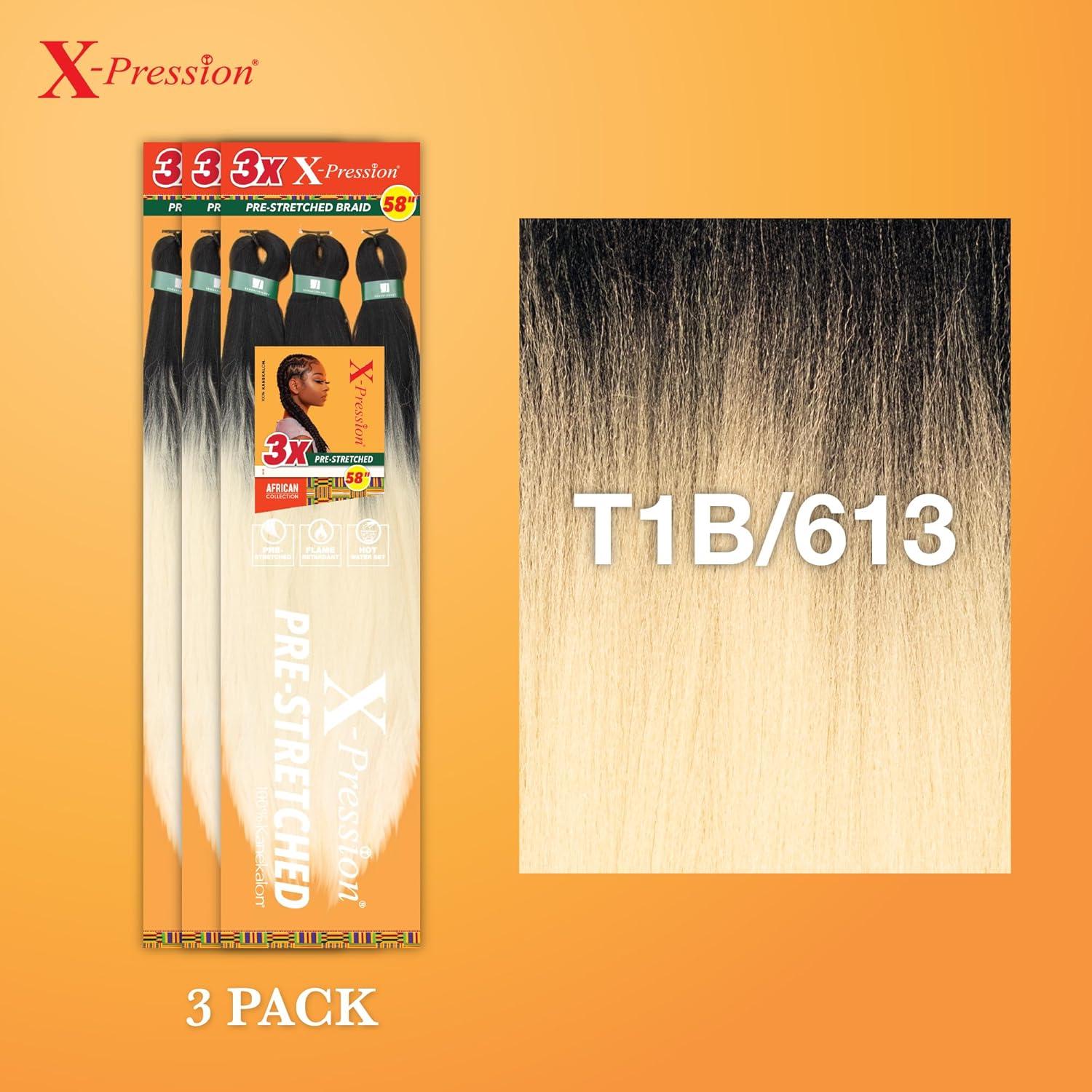 imageSensationnel Xpression prestretched braiding hair 3x braid 58 inch all kanekalon flame retardant synthetic braid for box braids and twists 1 pack 1 JETBLACKT1B613