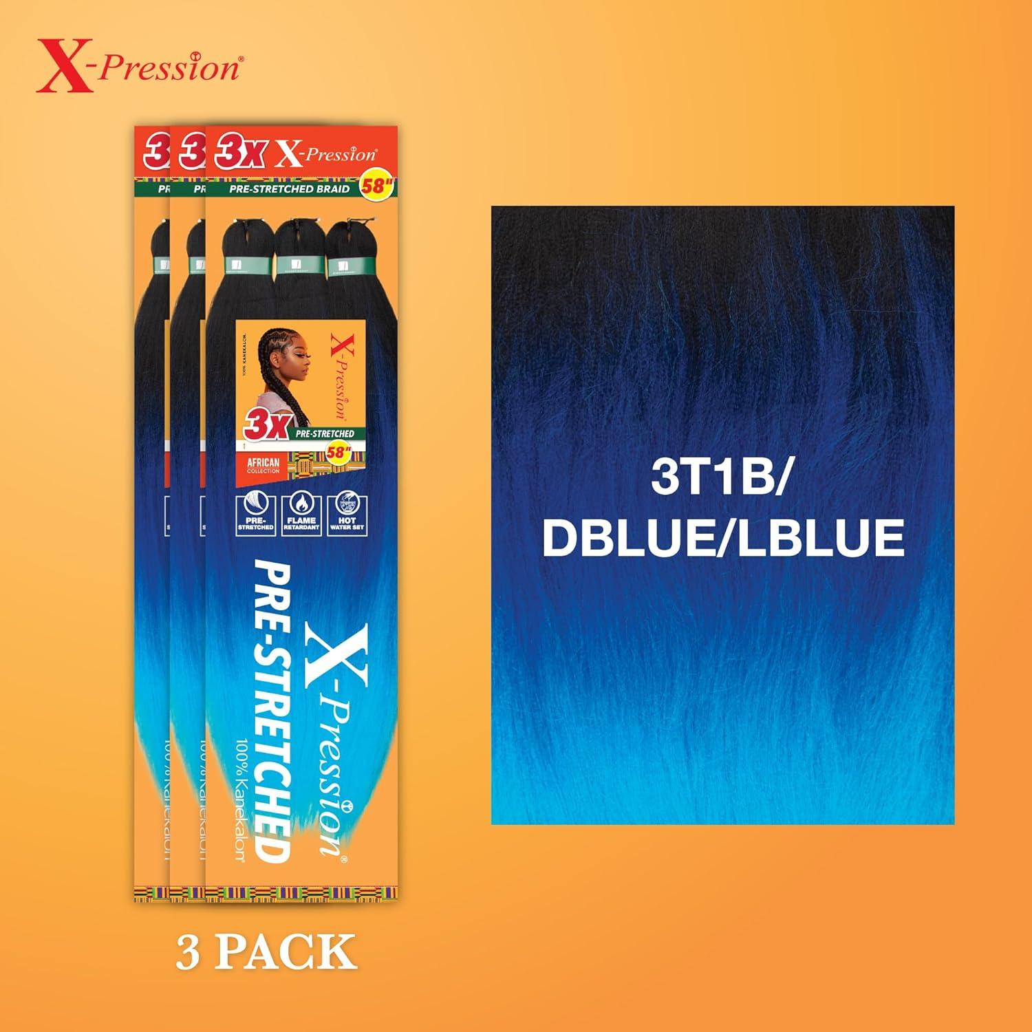 imageSensationnel Xpression prestretched braiding hair 3x braid 58 inch all kanekalon flame retardant synthetic braid for box braids and twists 1 pack 1 JETBLACK3T1BDBLUELBLUE