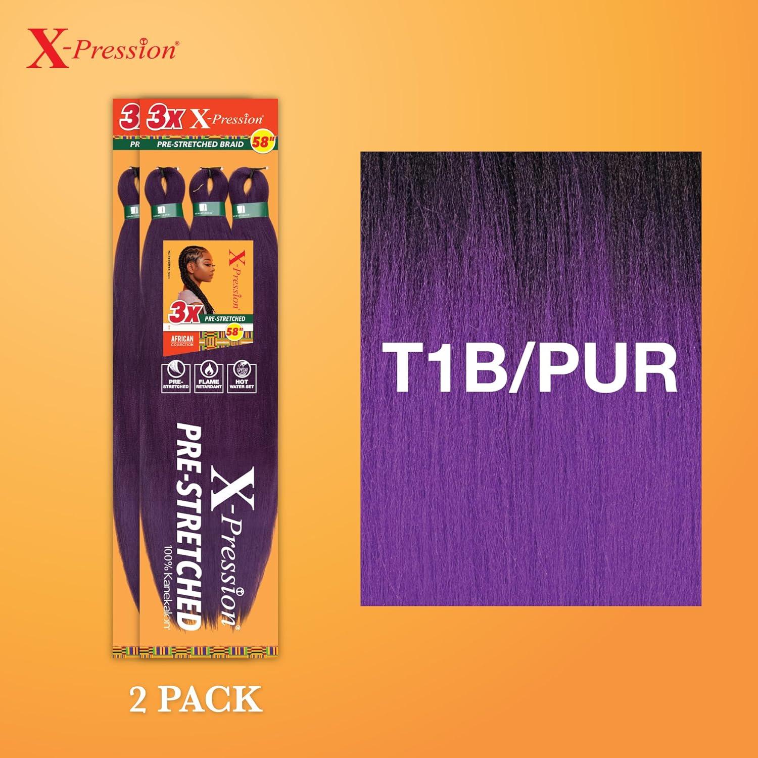 imageSensationnel Xpression prestretched braiding hair 3x braid 58 inch all kanekalon flame retardant synthetic braid for box braids and twists 1 pack 1 JETBLACKT1BPUR
