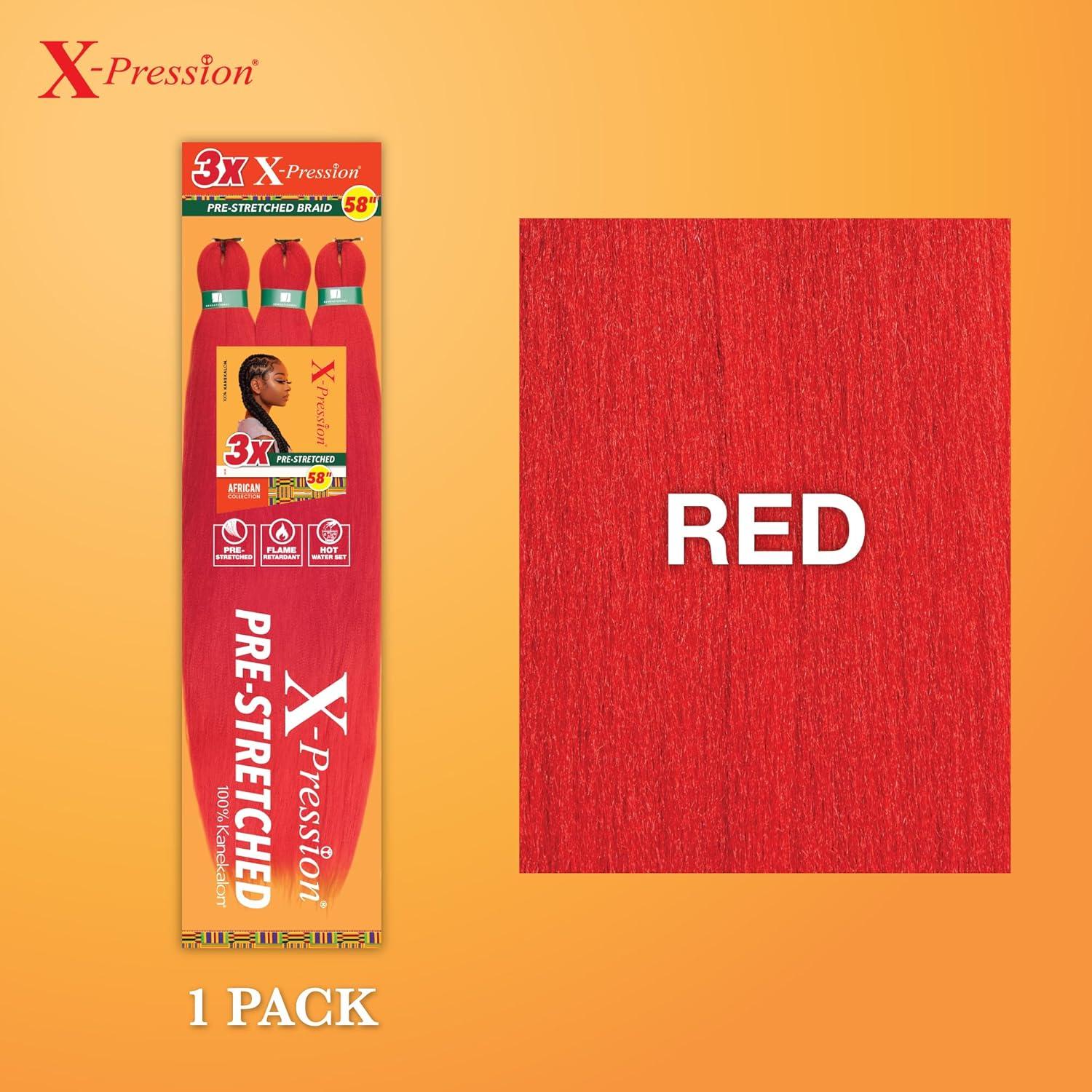 imageSensationnel Xpression prestretched braiding hair 3x braid 58 inch all kanekalon flame retardant synthetic braid for box braids and twists 1 pack 1 JETBLACKRED