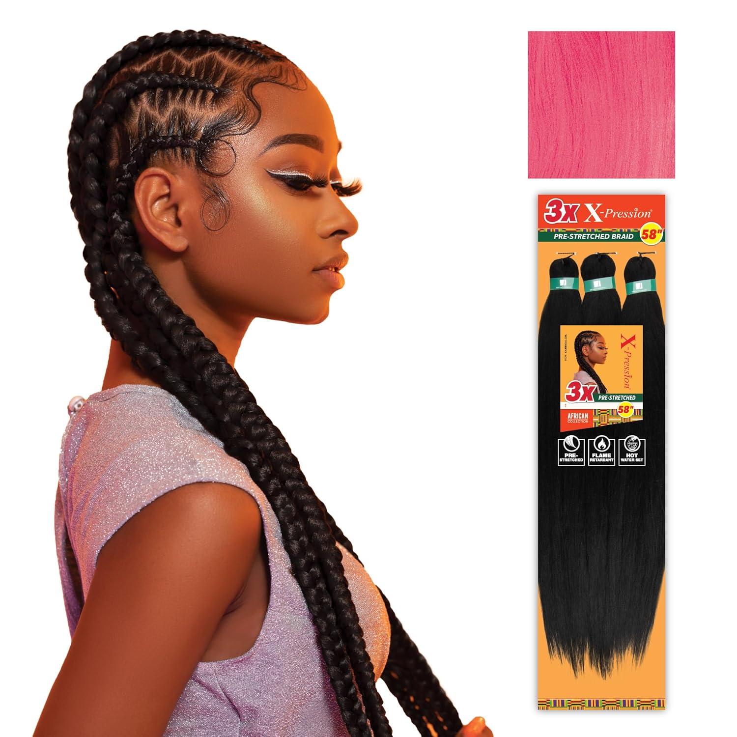 imageSensationnel Xpression prestretched braiding hair 3x braid 58 inch all kanekalon flame retardant synthetic braid for box braids and twists 1 pack 1 JETBLACKPINK
