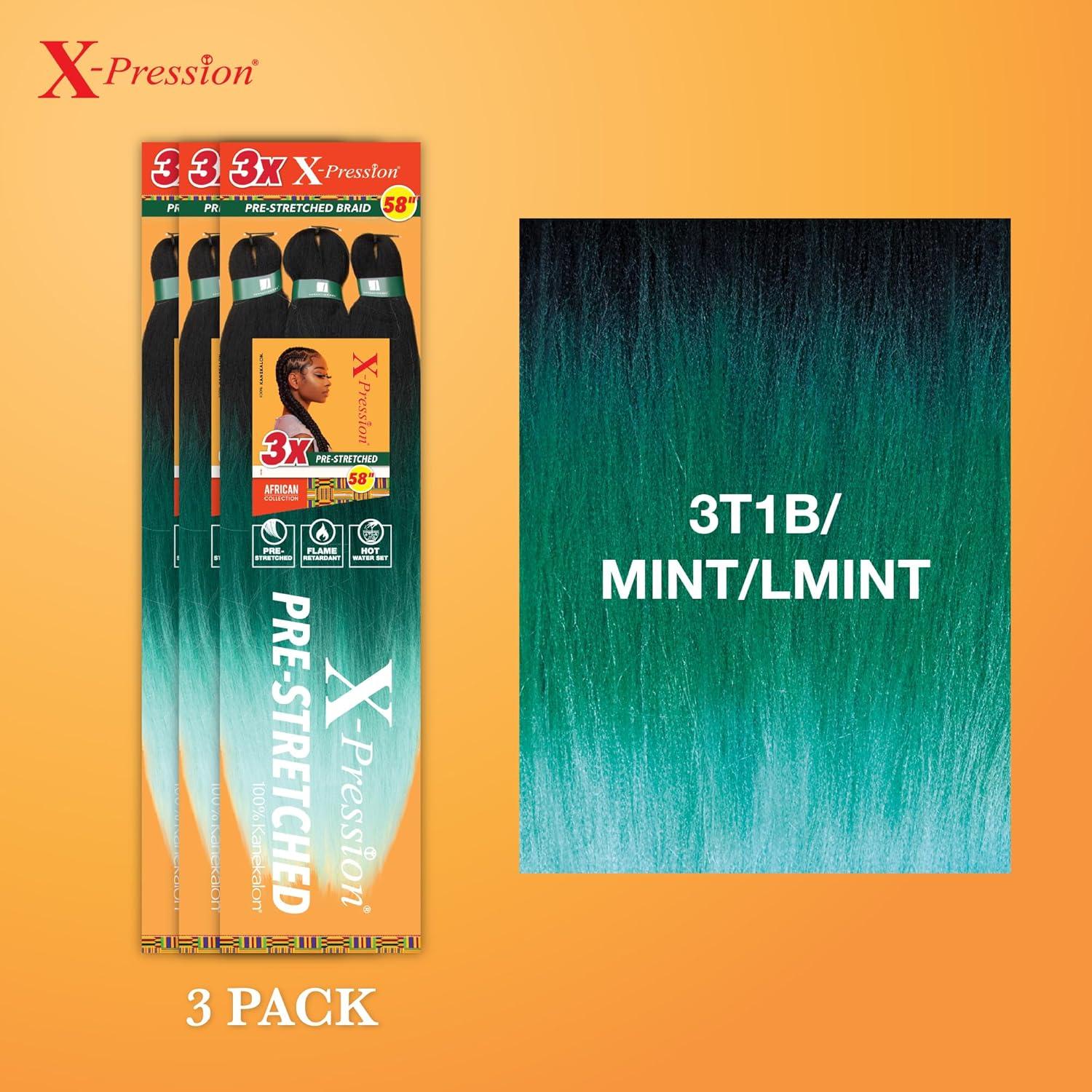 imageSensationnel Xpression prestretched braiding hair 3x braid 58 inch all kanekalon flame retardant synthetic braid for box braids and twists 1 pack 1 JETBLACK3T1BMINTLMINT