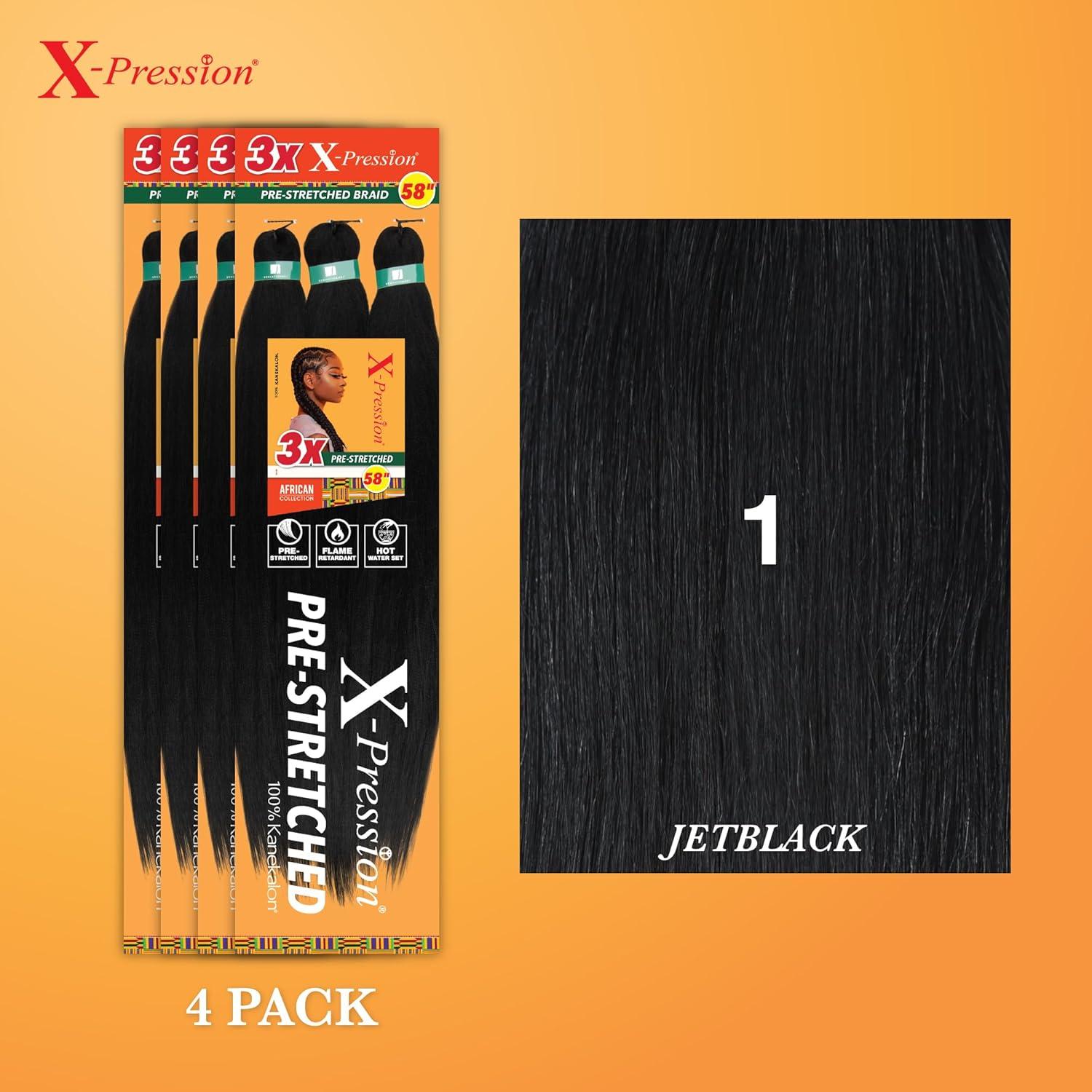imageSensationnel Xpression prestretched braiding hair 3x braid 58 inch all kanekalon flame retardant synthetic braid for box braids and twists 1 pack 1 JETBLACK1 JETBLACK
