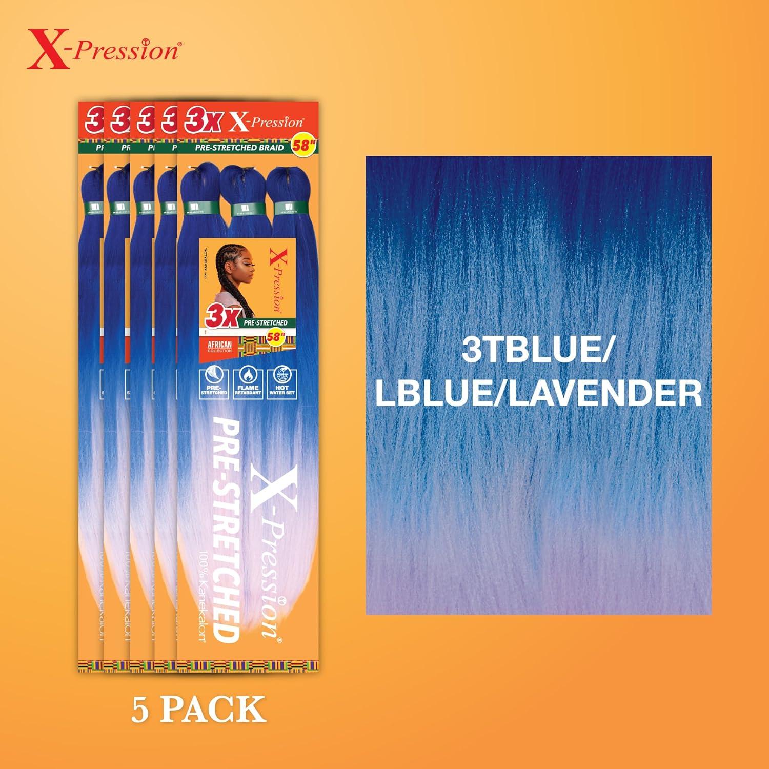 imageSensationnel Xpression prestretched braiding hair 3x braid 58 inch all kanekalon flame retardant synthetic braid for box braids and twists 1 pack 1 JETBLACK3TBLUELBLUELAVENDE