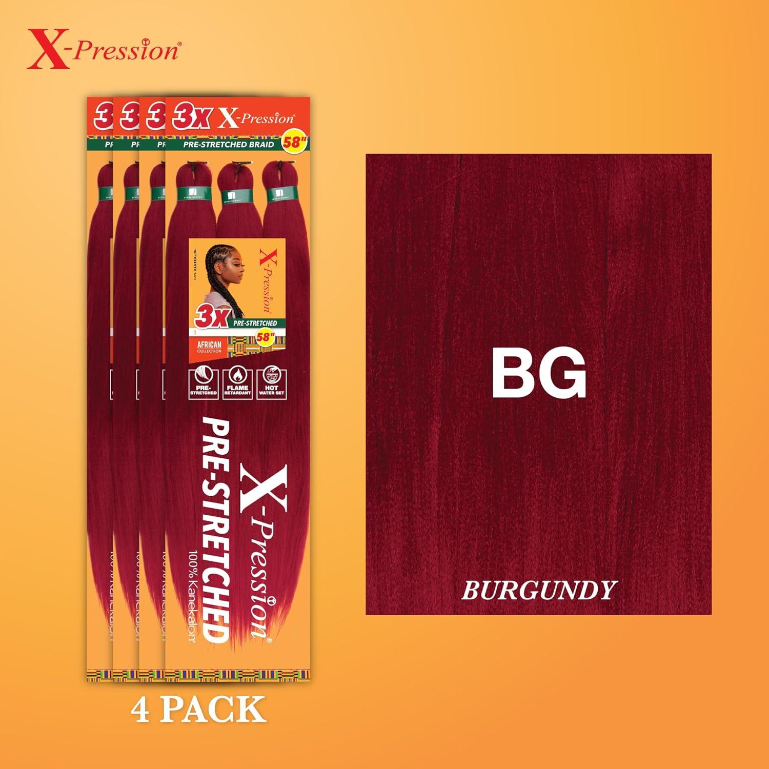imageSensationnel Xpression prestretched braiding hair 3x braid 58 inch all kanekalon flame retardant synthetic braid for box braids and twists 1 pack 1 JETBLACKBg Burgundy