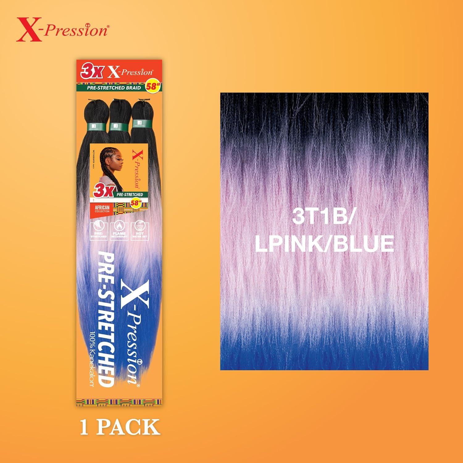 imageSensationnel Xpression prestretched braiding hair 3x braid 58 inch all kanekalon flame retardant synthetic braid for box braids and twists 1 pack 1 JETBLACK3T1BLPINKBLUE