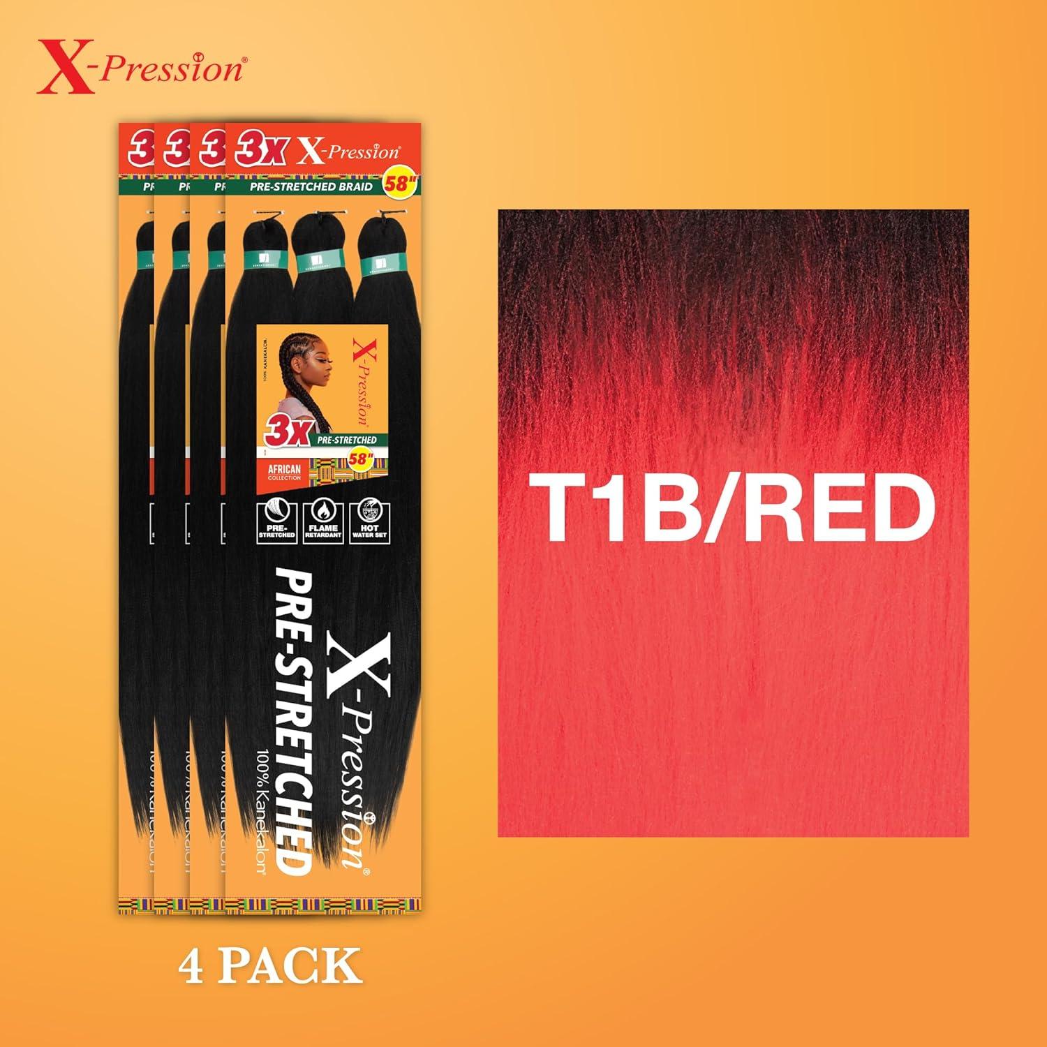 imageSensationnel Xpression prestretched braiding hair 3x braid 58 inch all kanekalon flame retardant synthetic braid for box braids and twists 1 pack 1 JETBLACKT1BRED