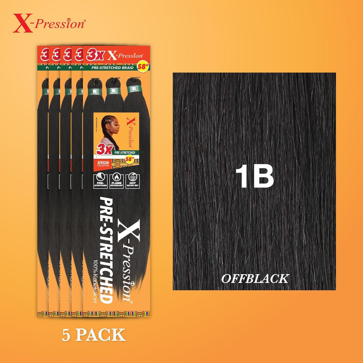 imageSensationnel Xpression prestretched braiding hair 3x braid 58 inch all kanekalon flame retardant synthetic braid for box braids and twists 1 pack 1 JETBLACK1B OFFBLACK