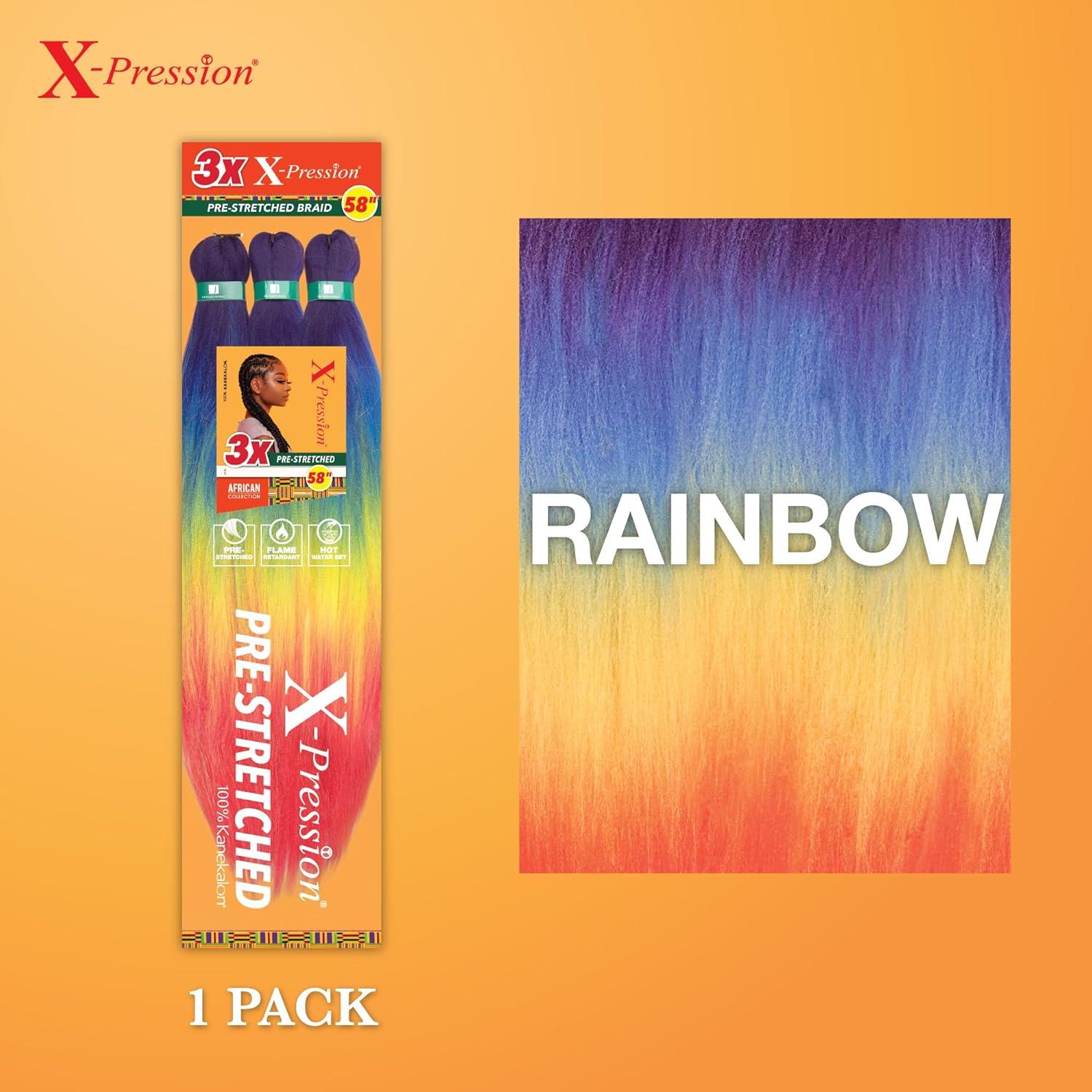 imageSensationnel Xpression prestretched braiding hair 3x braid 58 inch all kanekalon flame retardant synthetic braid for box braids and twists 1 pack 1 JETBLACKRAINBOW