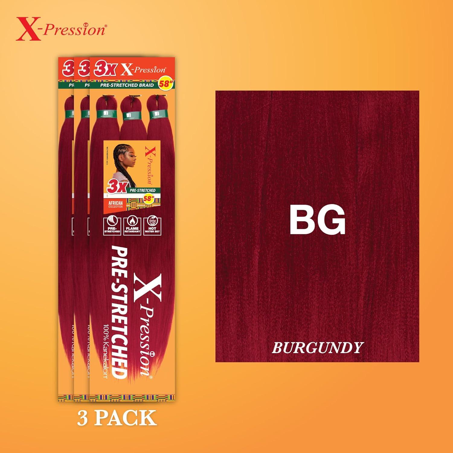 imageSensationnel Xpression prestretched braiding hair 3x braid 58 inch all kanekalon flame retardant synthetic braid for box braids and twists 1 pack 1 JETBLACKBG BURGANDY