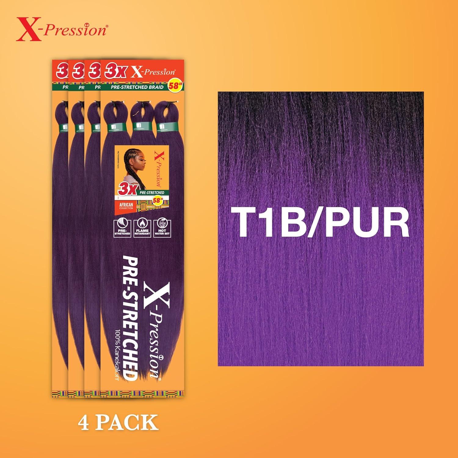 imageSensationnel Xpression prestretched braiding hair 3x braid 58 inch all kanekalon flame retardant synthetic braid for box braids and twists 1 pack 1 JETBLACKT1BPUR