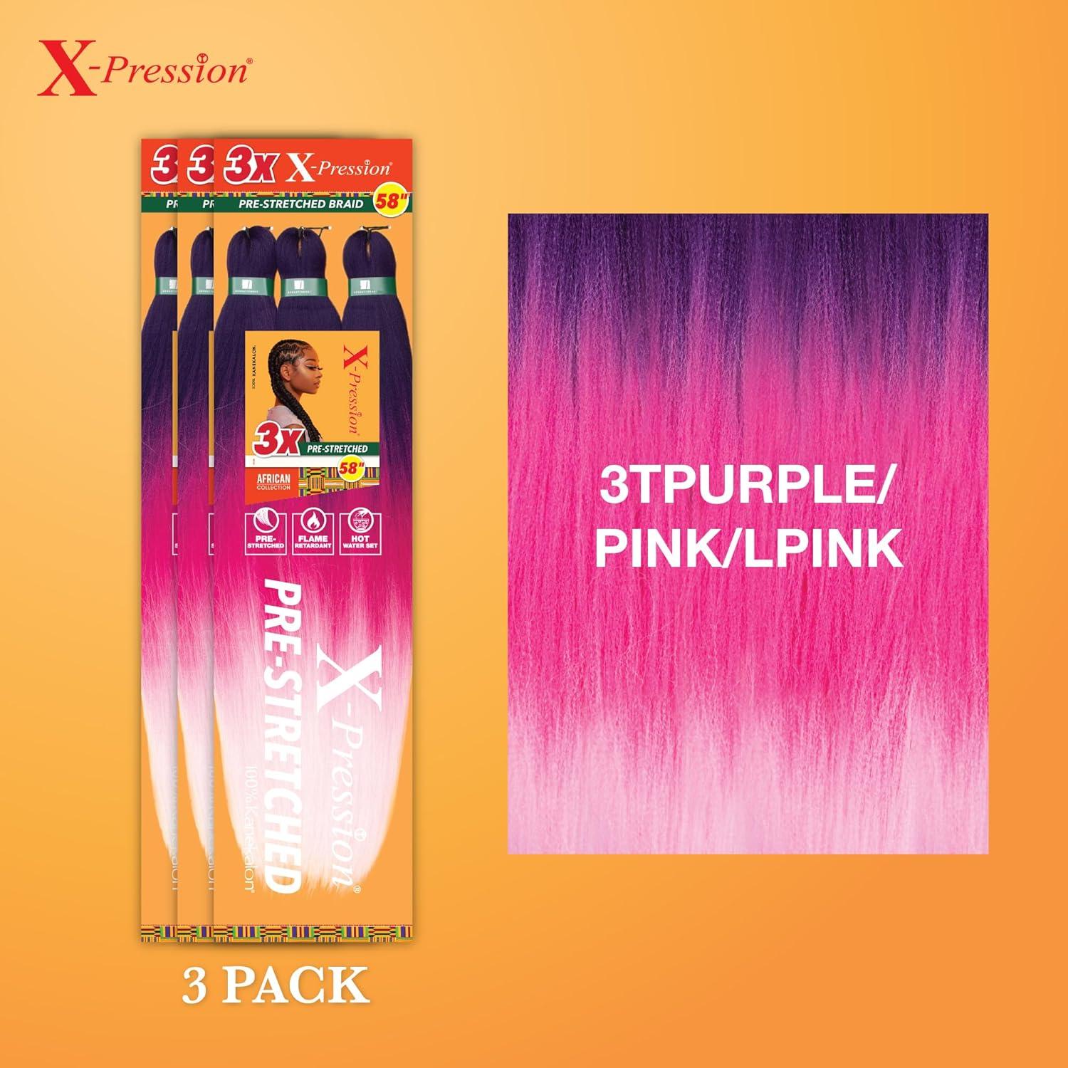 imageSensationnel Xpression prestretched braiding hair 3x braid 58 inch all kanekalon flame retardant synthetic braid for box braids and twists 1 pack 1 JETBLACK3TPURPLEPINKLPINK