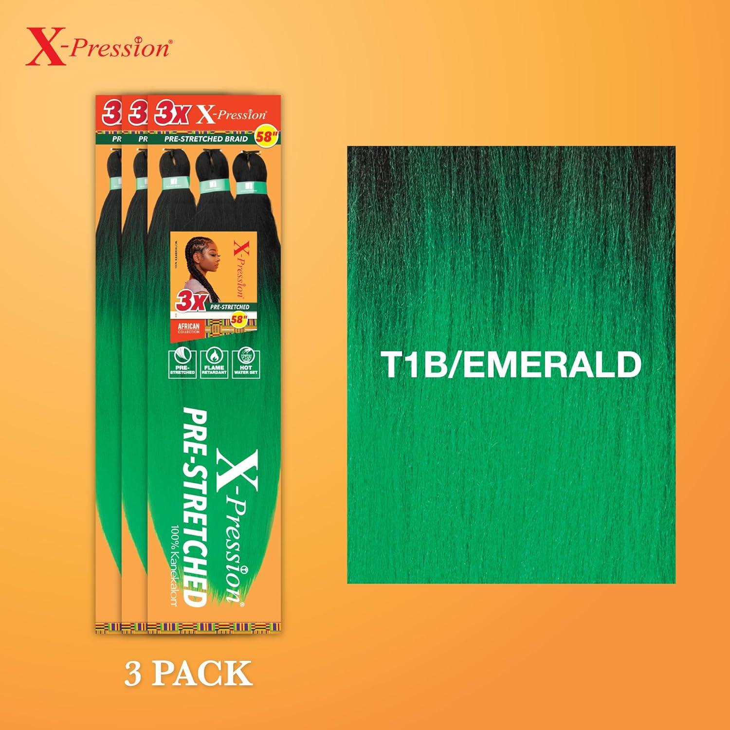 imageSensationnel Xpression prestretched braiding hair 3x braid 58 inch all kanekalon flame retardant synthetic braid for box braids and twists 1 pack 1 JETBLACKT1BEMERALD