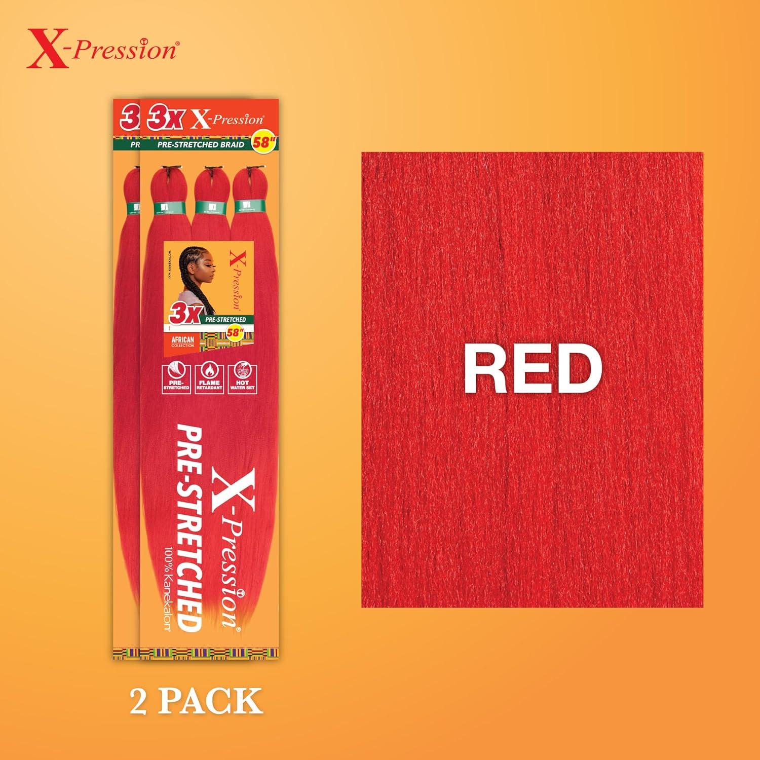 imageSensationnel Xpression prestretched braiding hair 3x braid 58 inch all kanekalon flame retardant synthetic braid for box braids and twists 1 pack 1 JETBLACKRED